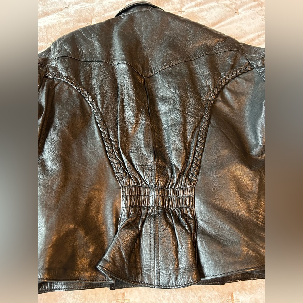 Black Women's Leather Jacket with Braided Detail - Picture 1 of 13